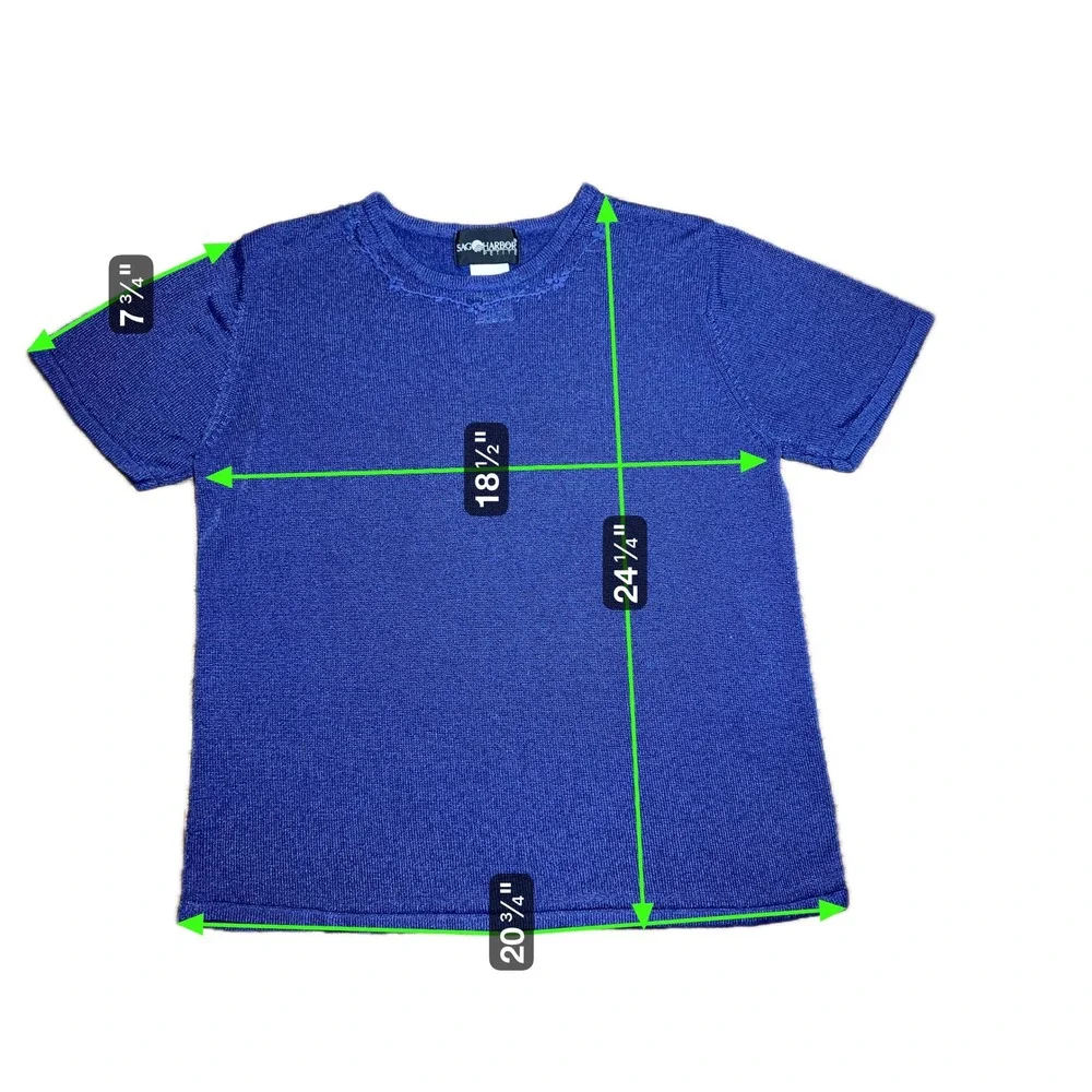 Sag‎ Harbor Sz Petite Large LP Blue Knit Top Short Sleeve Embellished Neckline - Picture 6 of 6